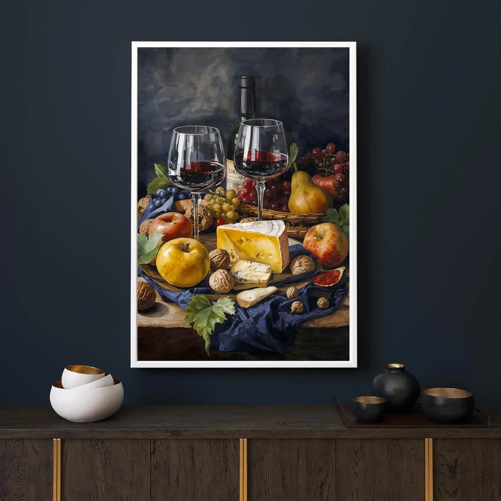 Watercolor Still Life Wine and Cheese Poster Print | Kitchen Dining Wall Art | Digital Download - AffinityArts 