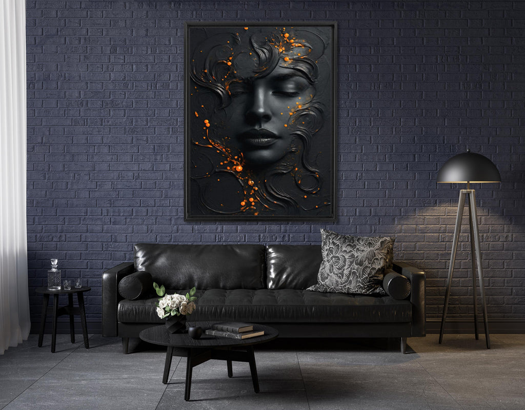 Abstract Black Face Canvas Art: Modern Orange Accent Painting AffinityArts