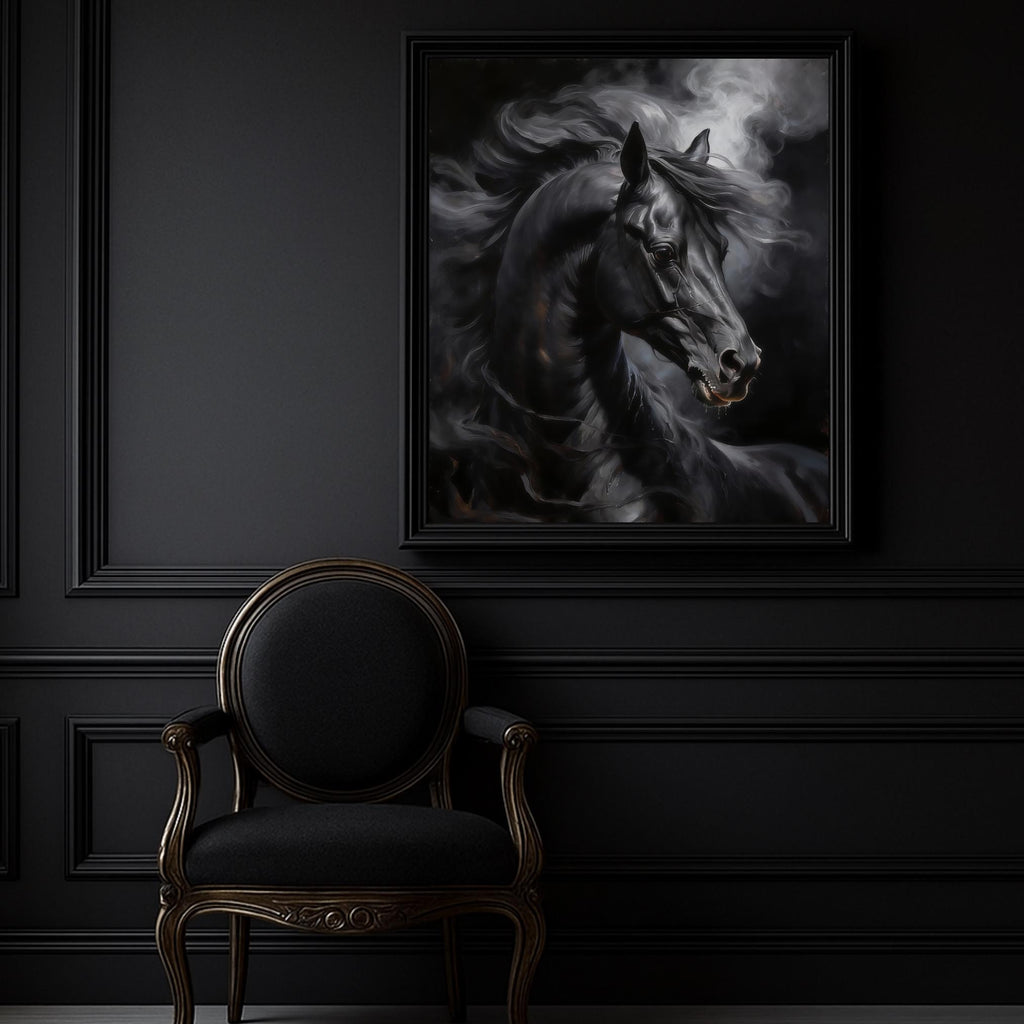 Powerful black horse study with flowing silvery mane against deep black background
