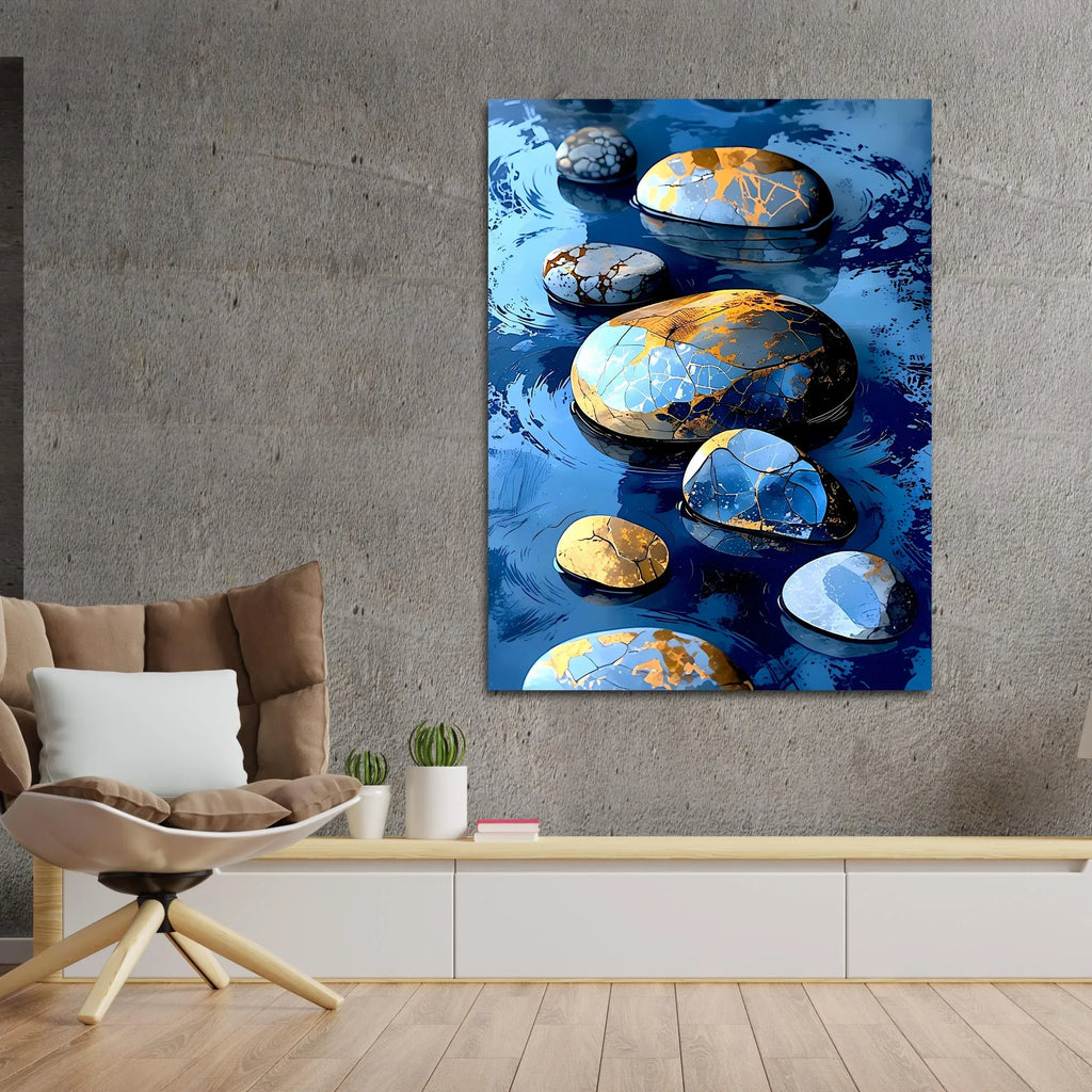 Kintsugi Stone Wall Art - Blue Gold Zen River Rocks Canvas Print - AffinityArts 