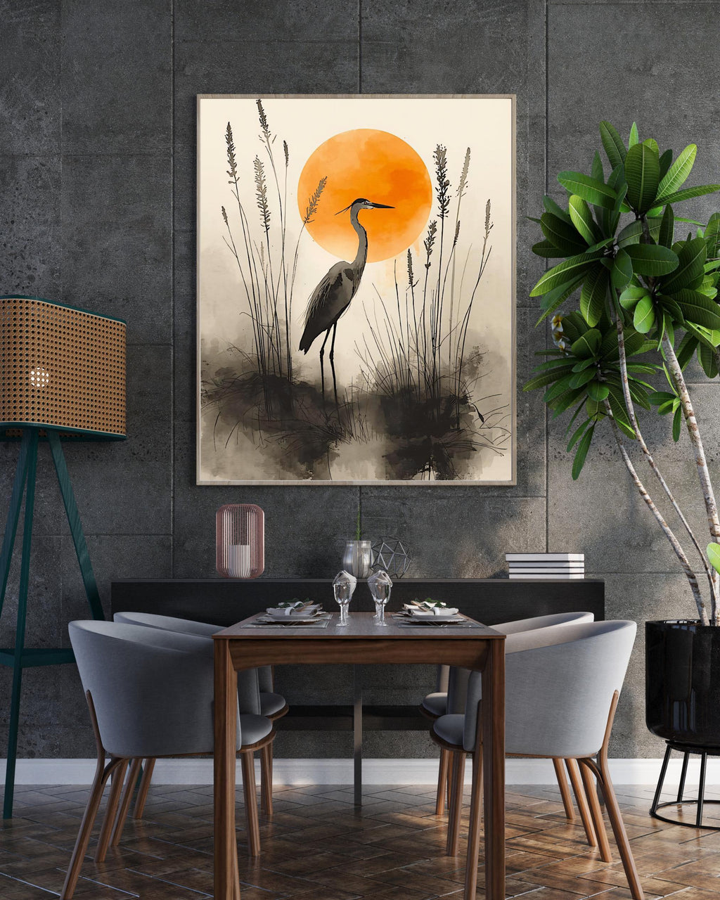 Watercolor Heron Art Print: Japanese Style Sunrise Poster - AffinityArts 