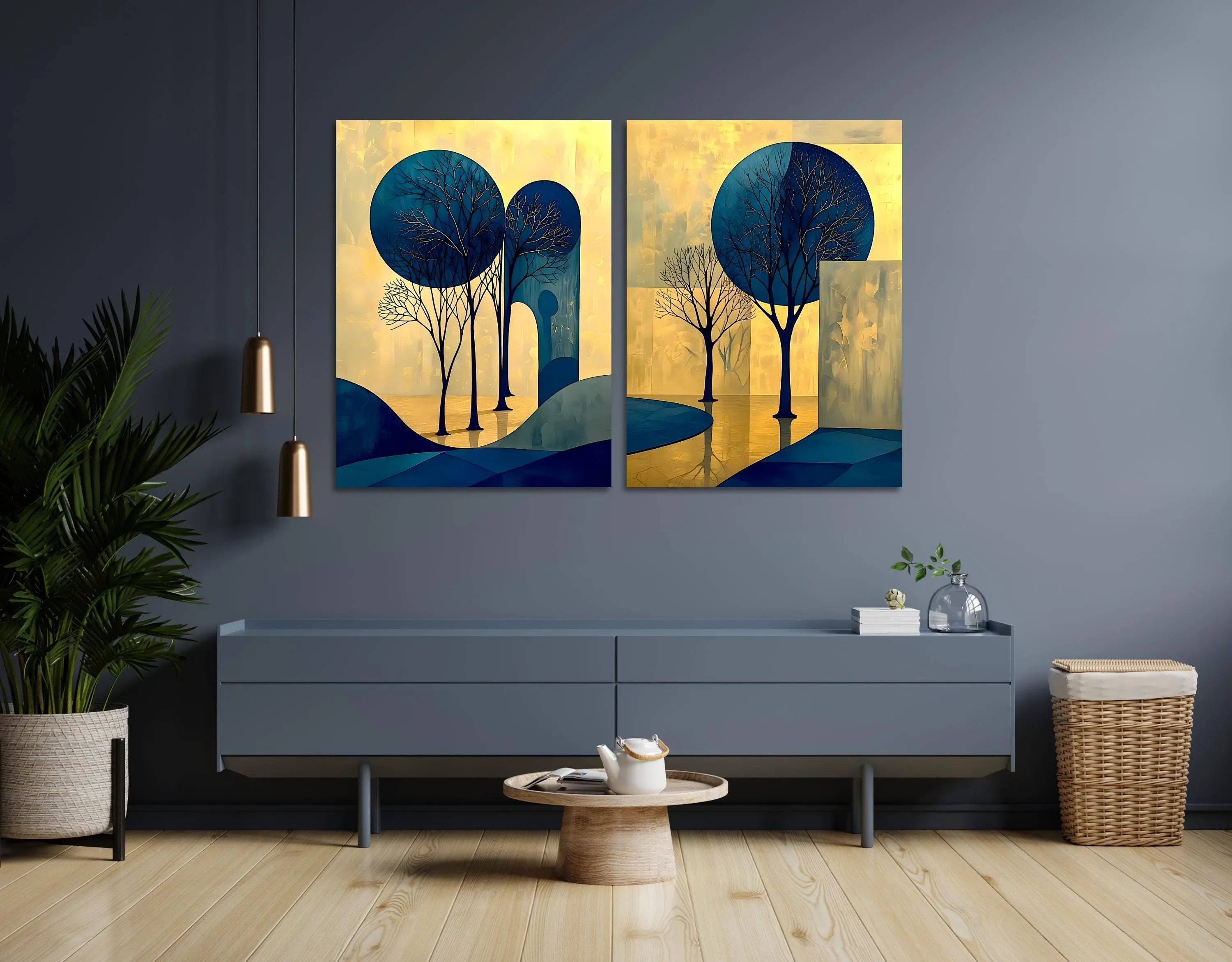 Abstract Tree Art Set: Blue and Gold Landscape Canvas or Poster - AffinityArts 