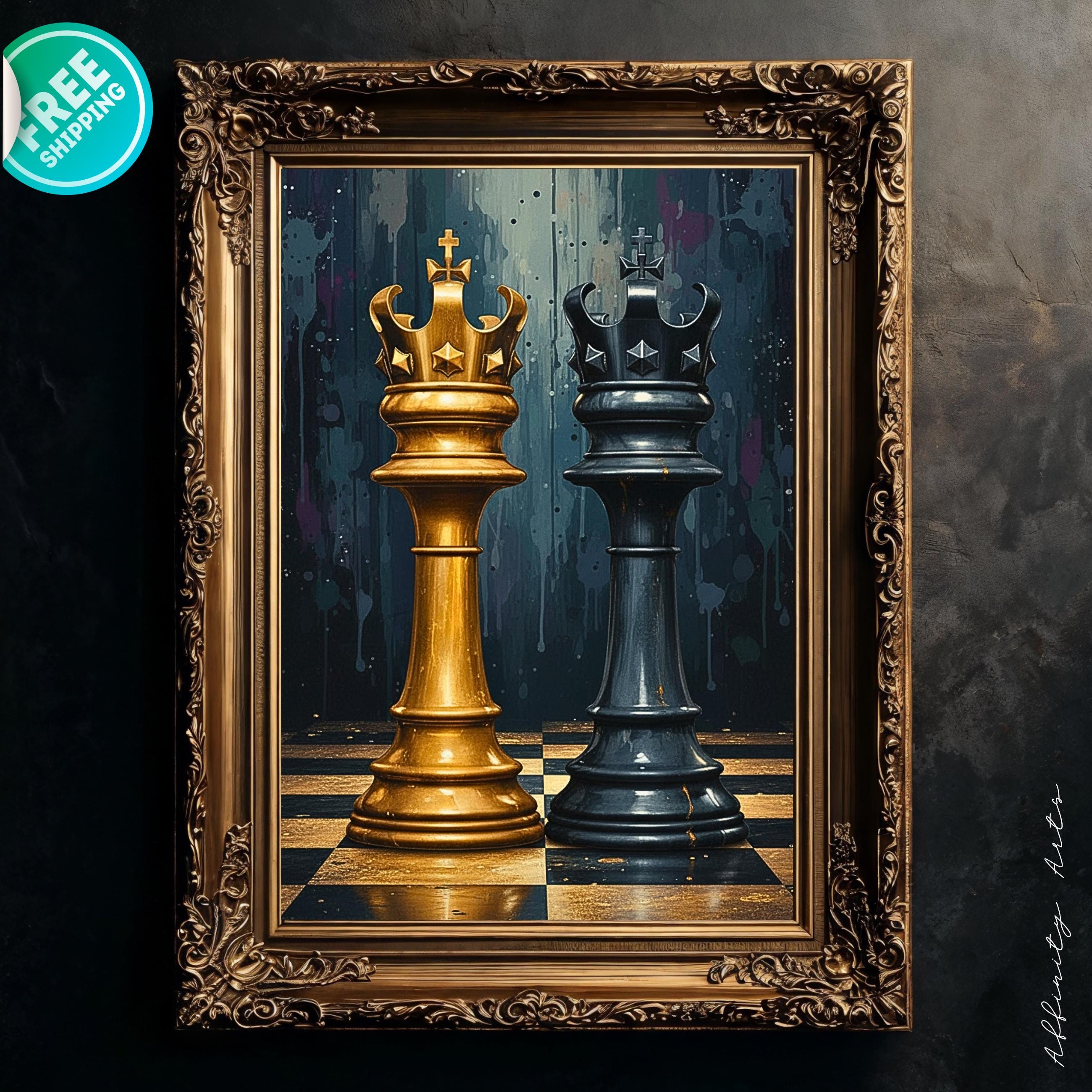 Golden and black chess kings standing side by side on a chessboard against a dark textured background.