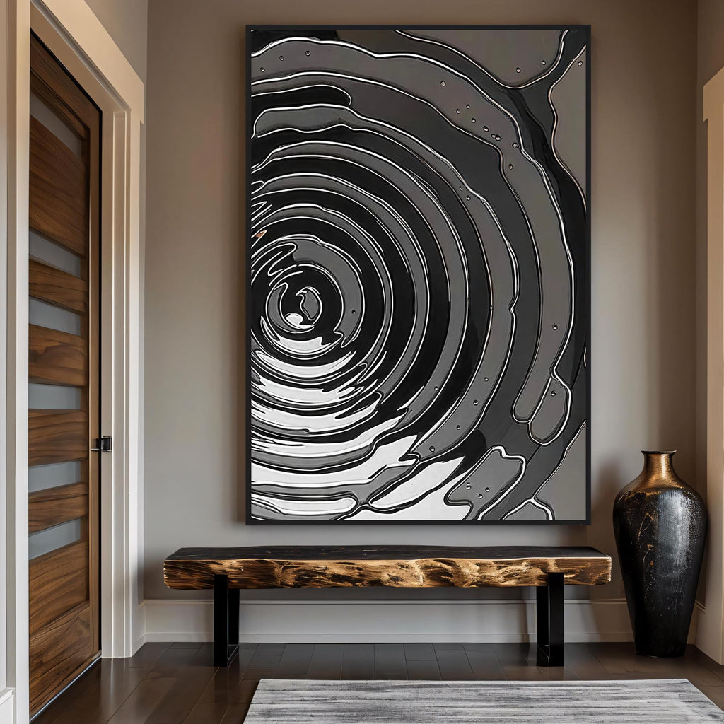 Contemporary monochrome design featuring depth illusion through layered curves
