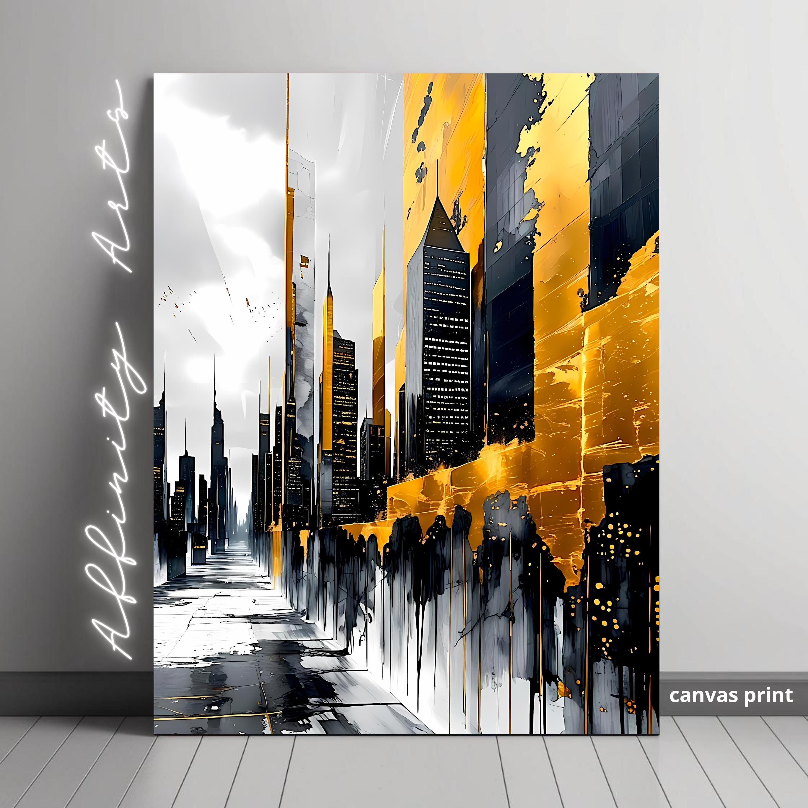 Modern urban cityscape artwork featuring high-rise buildings in black, white, and metallic gold tones.