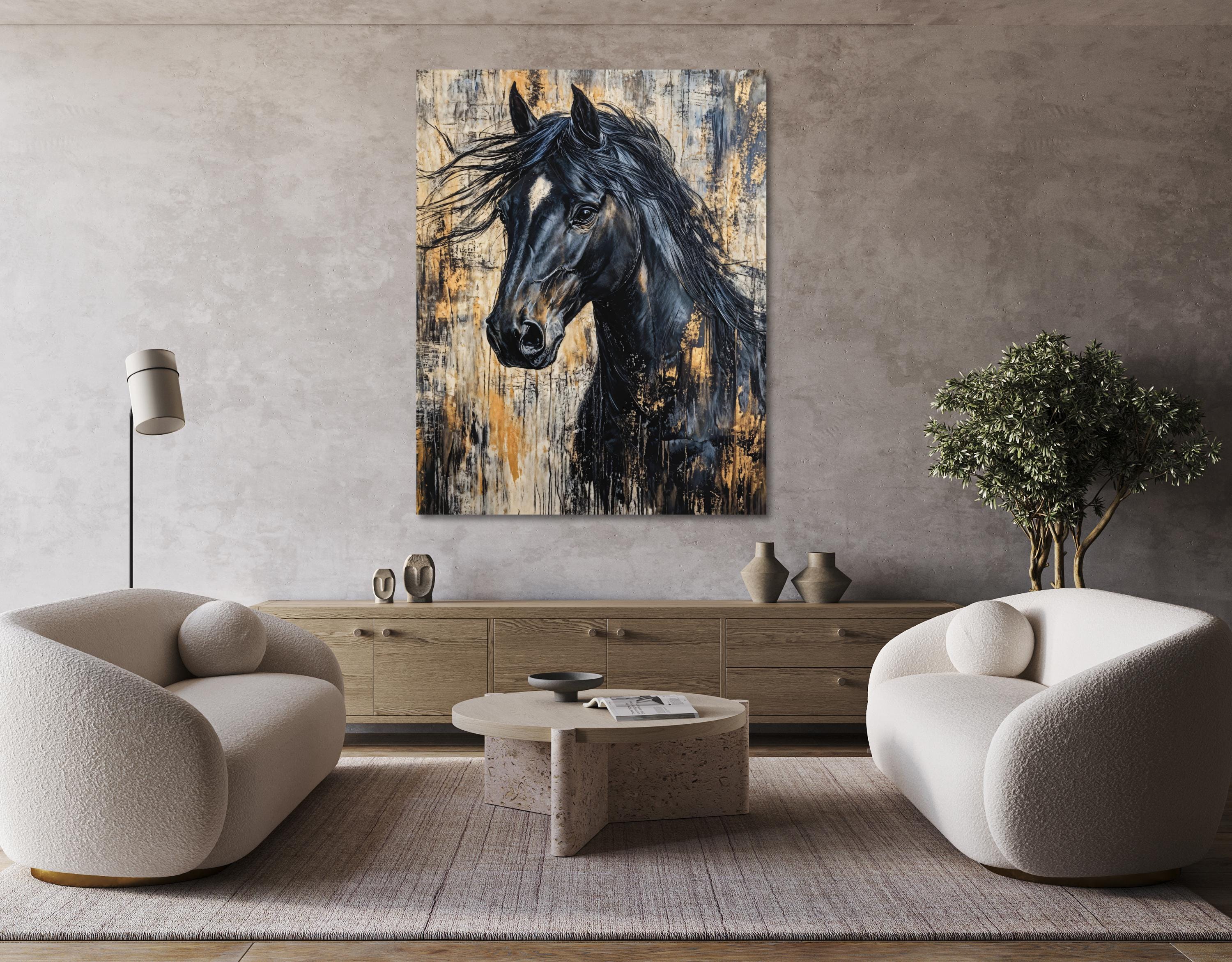 Close-up of a glossy black horse with flared nostrils, deep expressive eyes, wild mane, and abstract gold foil effects against a gritty beige backdrop.
