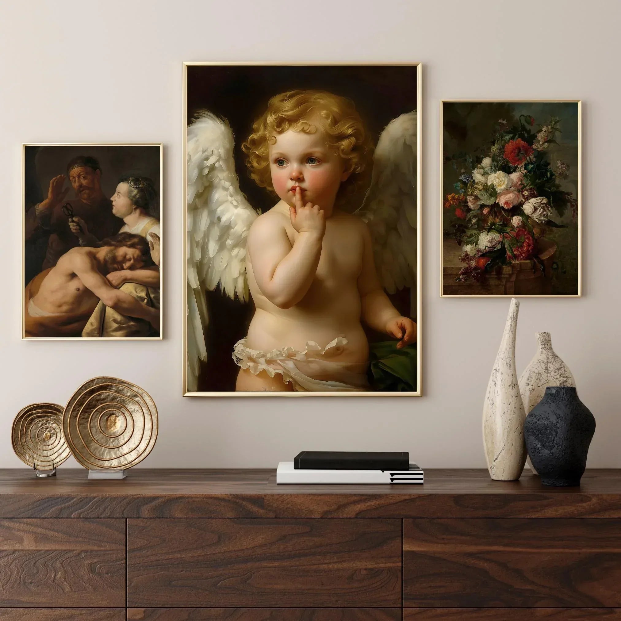 Winged Angel Art Print, Gold Curl Painting, Classic Home Decor (Digital File Option) - AffinityArts 
