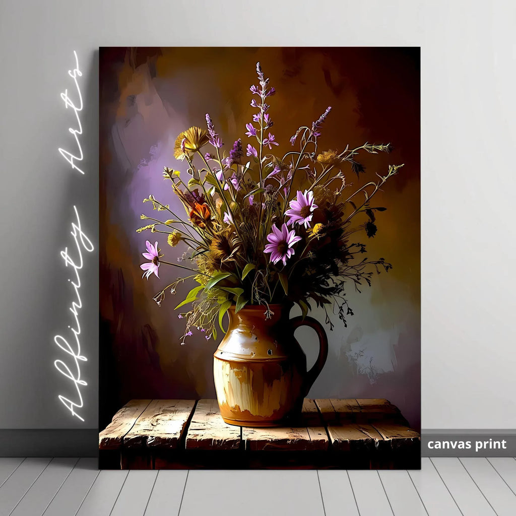 Wildflower Canvas Print: Rustic Floral Painting in Clay Jug - AffinityArts 