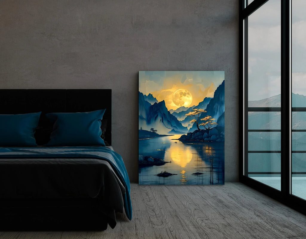 Moonlit Mountain River Canvas Art: Tranquil Asian Landscape Painting - AffinityArts 