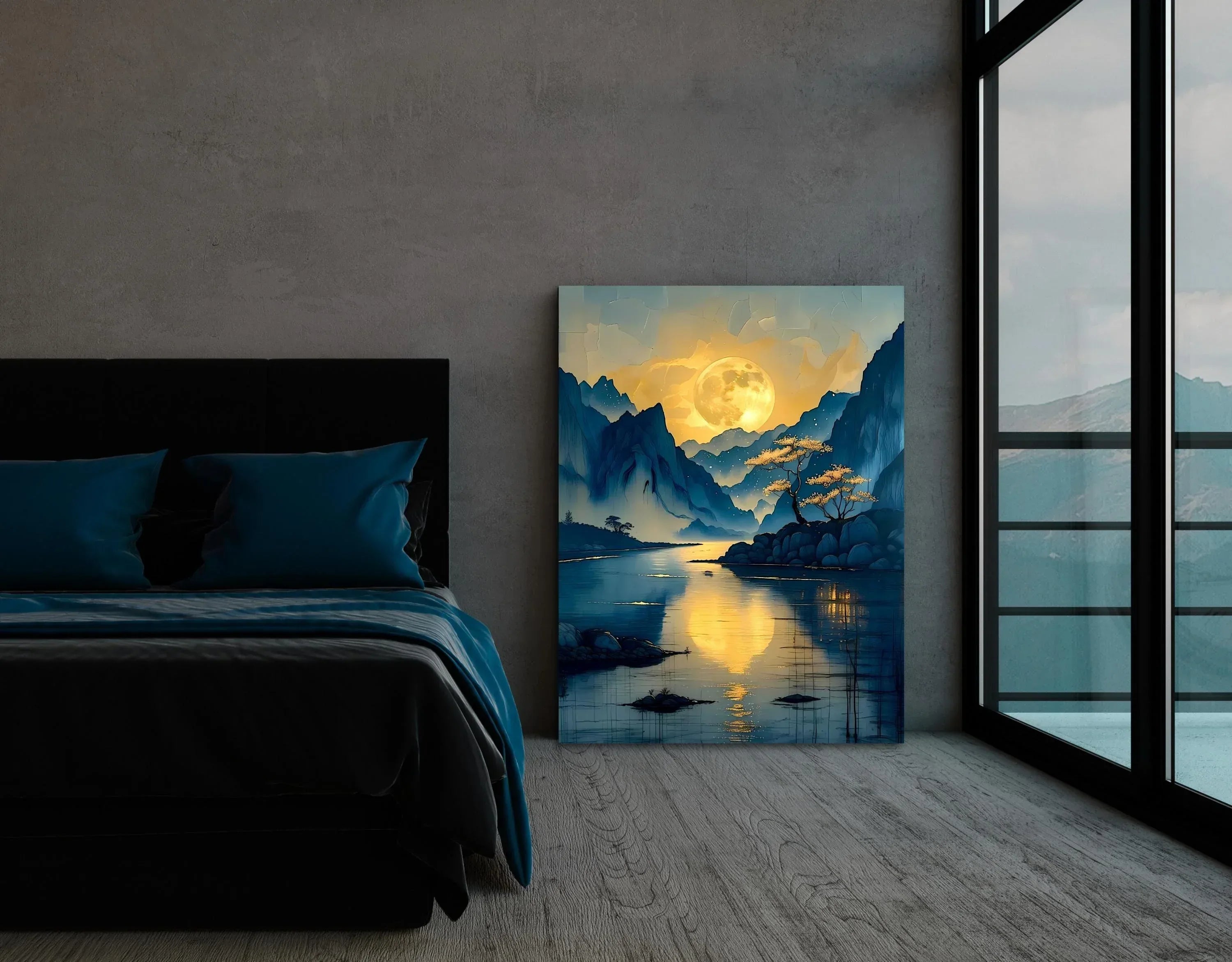 Moonlit Mountain River Canvas Art: Tranquil Asian Landscape Painting - AffinityArts 