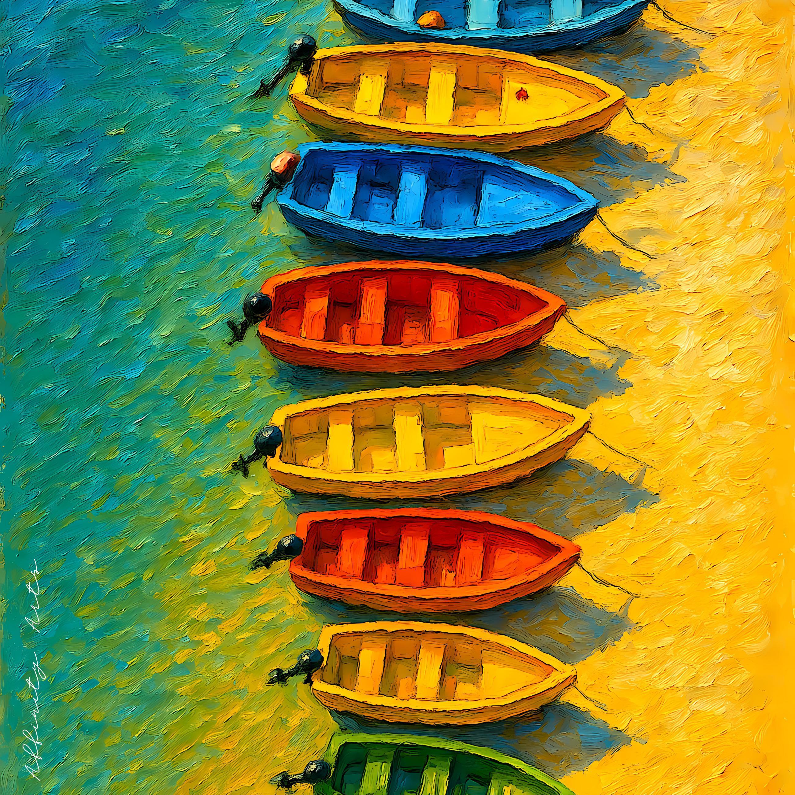 Seaside Row Boats Art Print: Vibrant Coastal Painting on Canvas - AffinityArts 