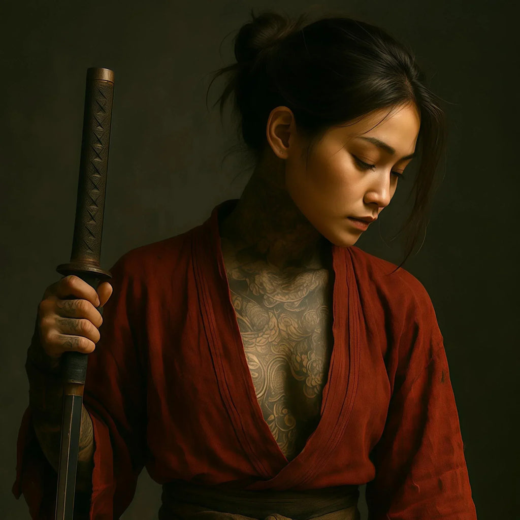 Red Kimono Warrior Poster, Tattooed Female Samurai Wall Art, Premium Paper Print or Digital Download, Multiple Sizes - AffinityArts 