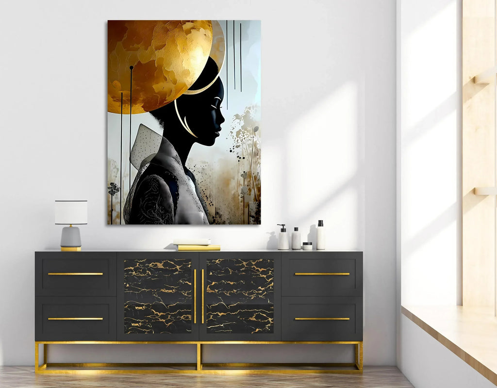 Golden Halo African Woman Portrait: Abstract Afrocentric Art - AffinityArts 