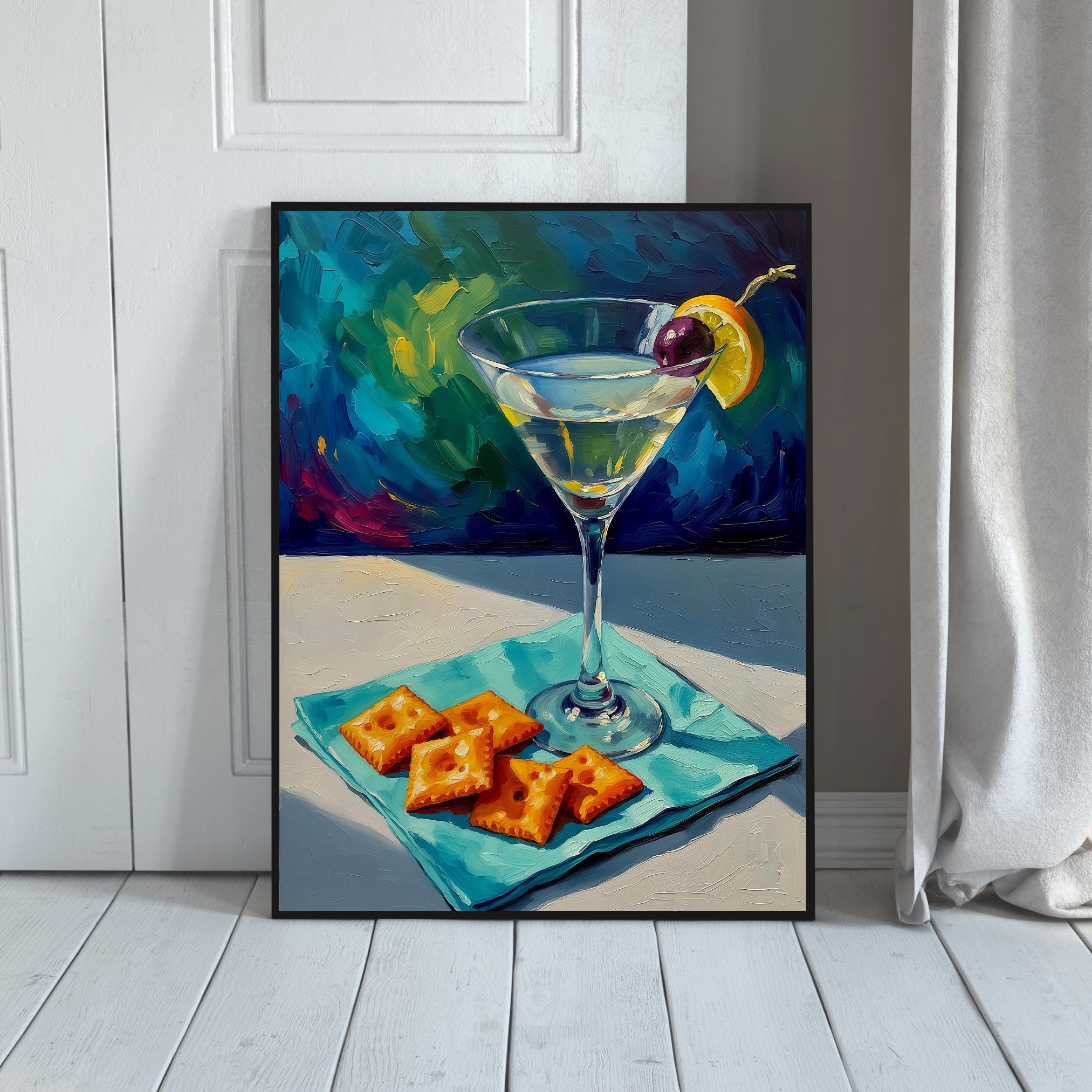 Textured oil painting of a martini glass with citrus and olive, surrounded by rich blue and green abstract colors.