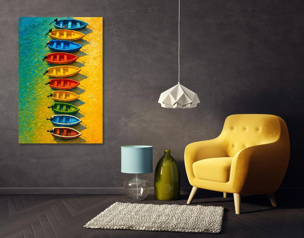 Seaside Row Boats Art Print: Vibrant Coastal Painting on Canvas - AffinityArts 