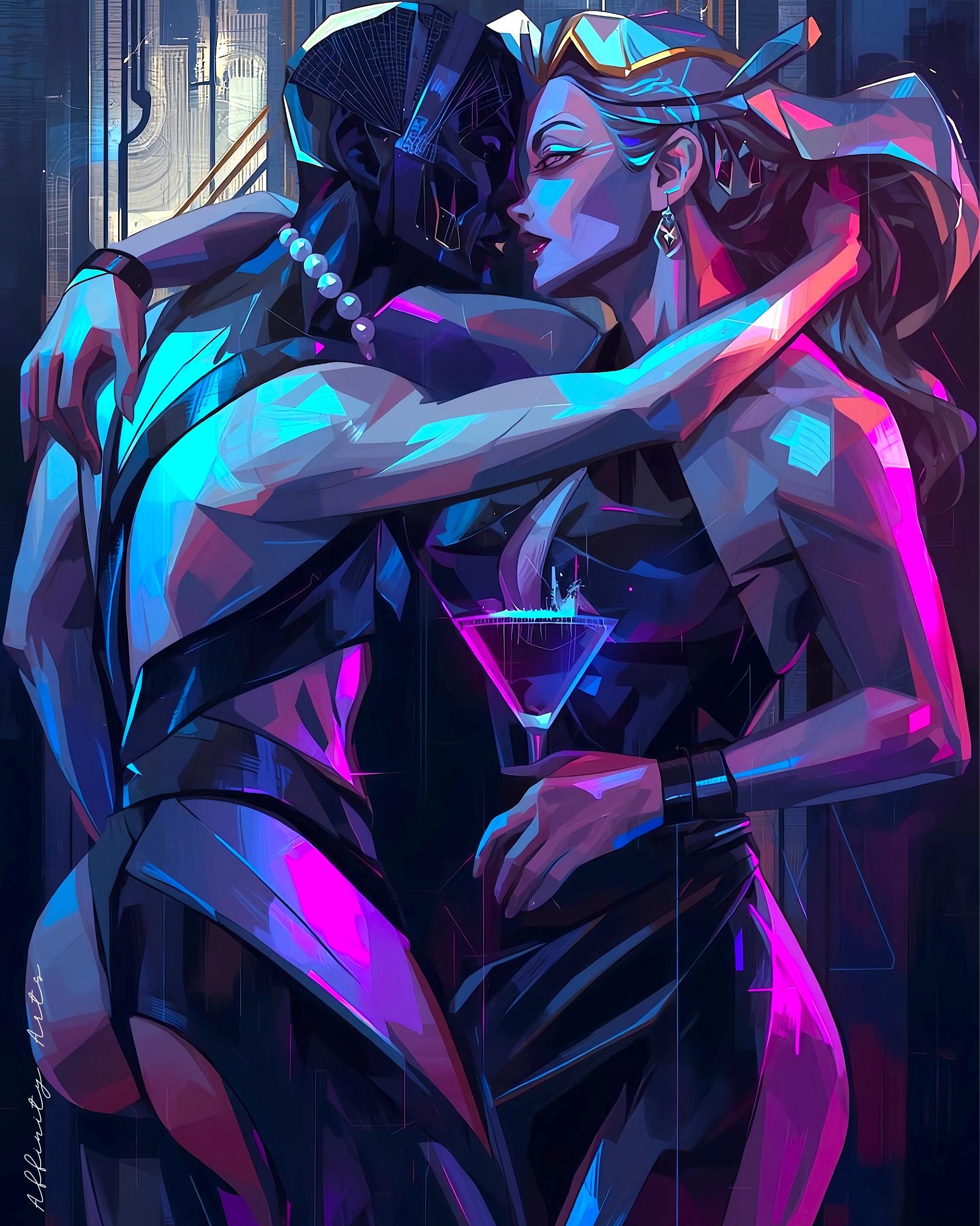 Stylized digital artwork of a couple in an intimate pose, illuminated by vibrant pink and blue neon lights.