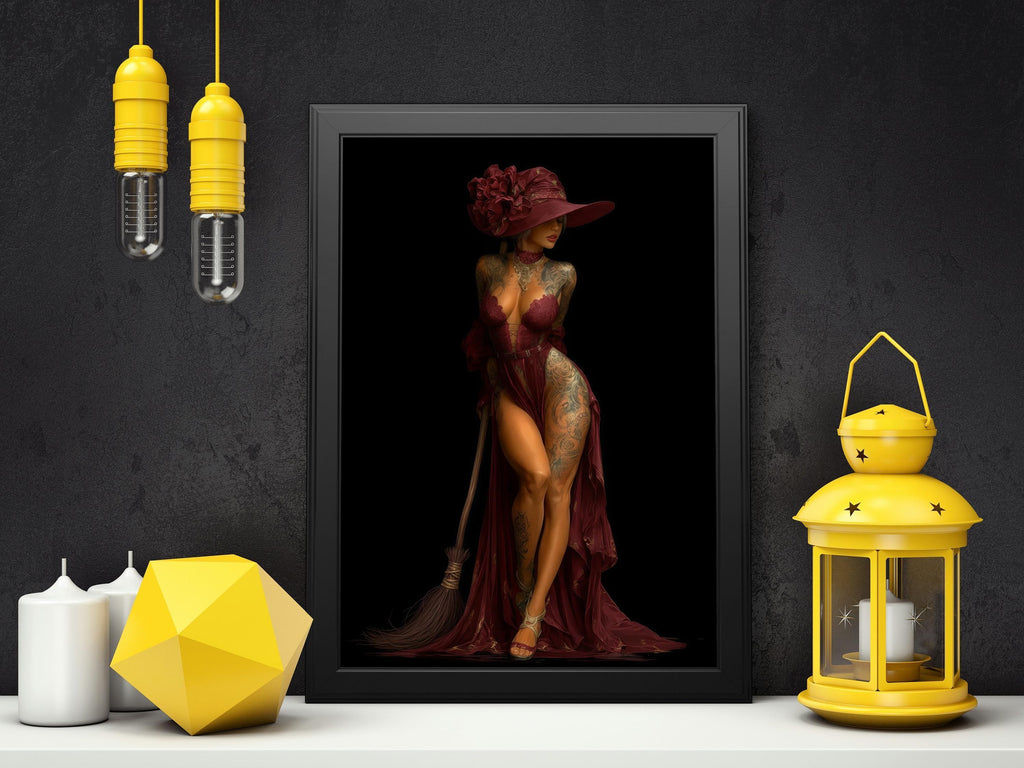Elegant Witch Art Print | Burgundy Gown, Fantasy Wall Decor - AffinityArts 