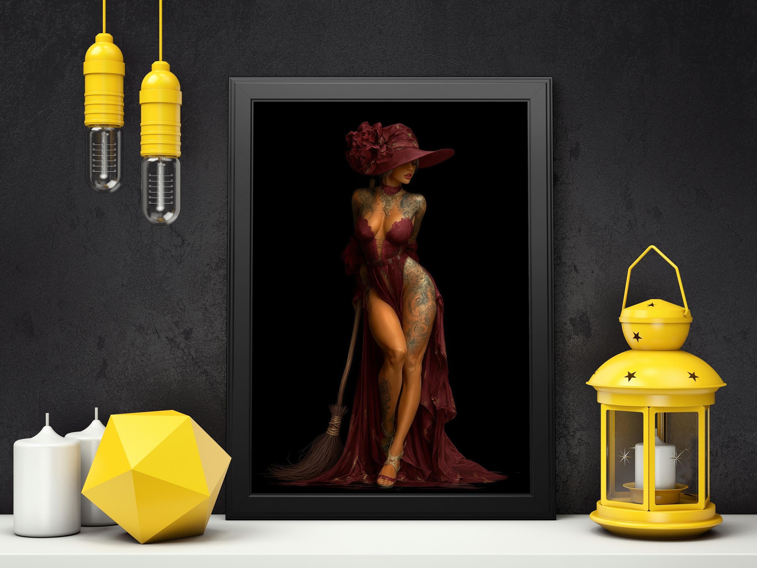 Elegant Witch Art Print | Burgundy Gown, Fantasy Wall Decor - AffinityArts 