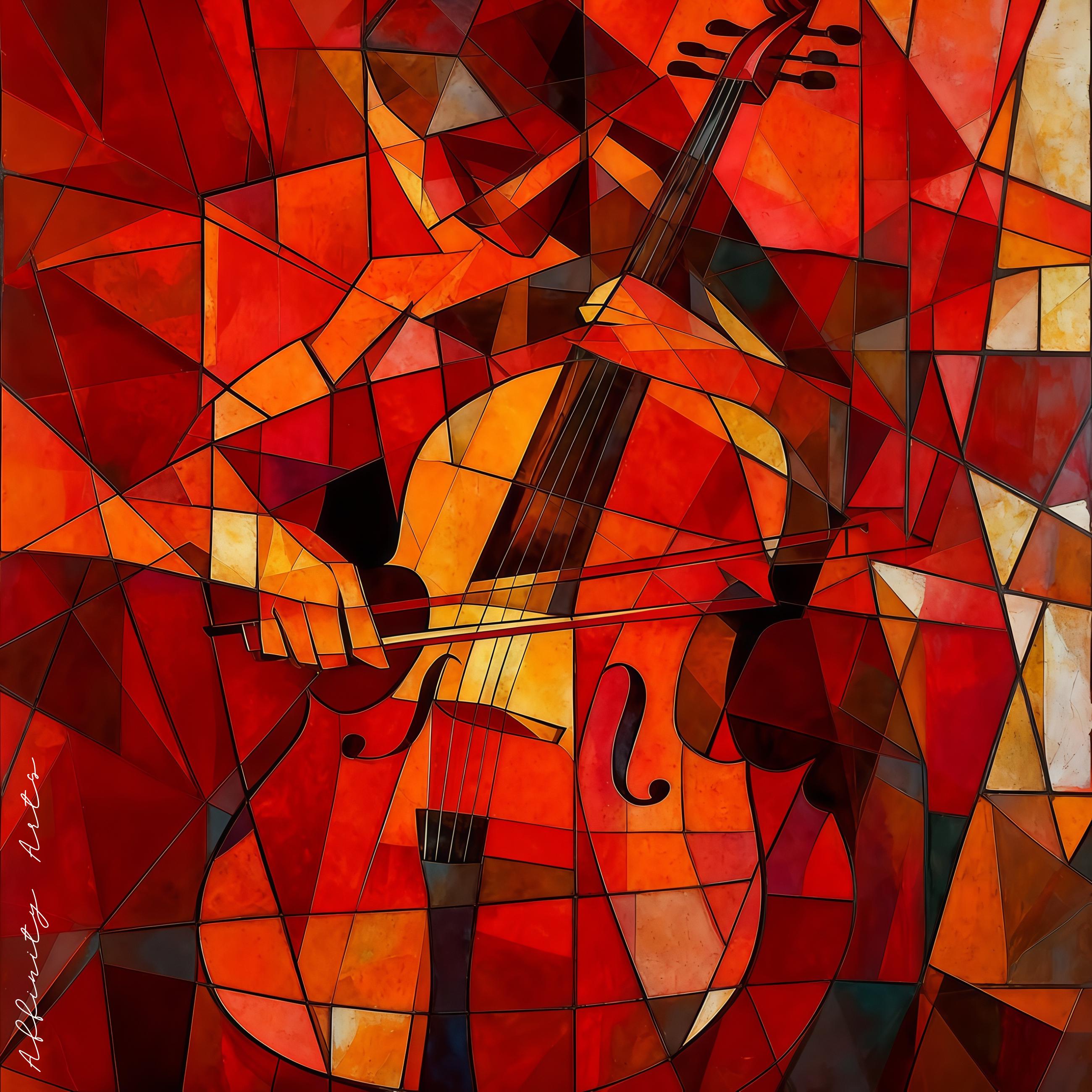 Cubism Cello Canvas Wall Art | Red Orange Abstract Music Painting | Wooden stretcher frame AffinityArts
