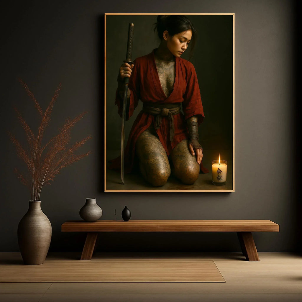 Red Kimono Warrior Poster, Tattooed Female Samurai Wall Art, Premium Paper Print or Digital Download, Multiple Sizes - AffinityArts 