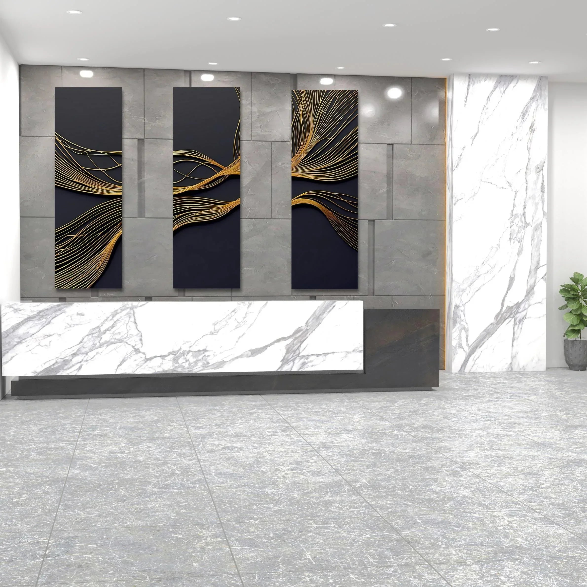 Gold Line Abstract Triptych Canvas Art: Modern Black and Gold Wall Decor - AffinityArts 