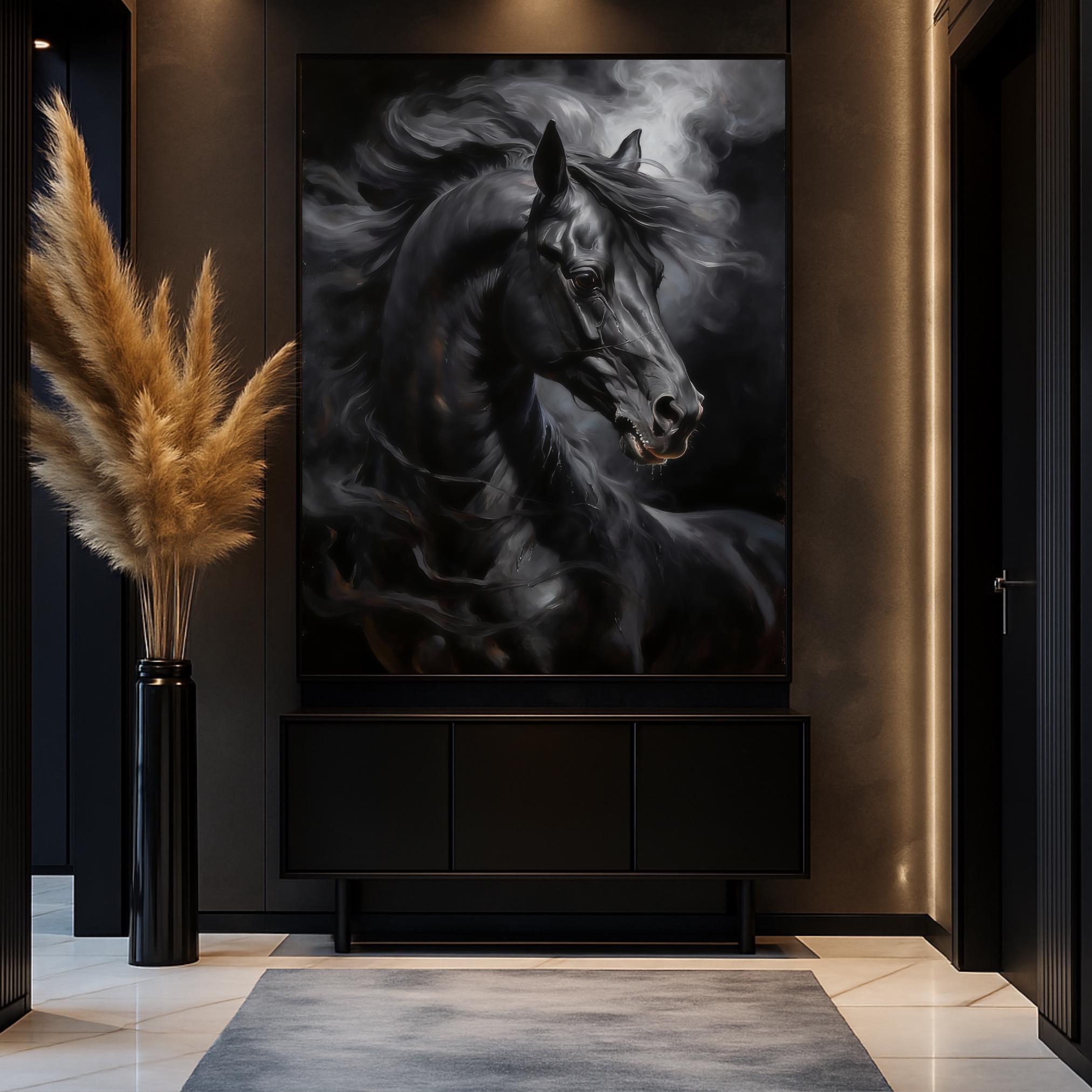 Gothic-style painting of a fierce black horse with wild mane and glowing highlights
