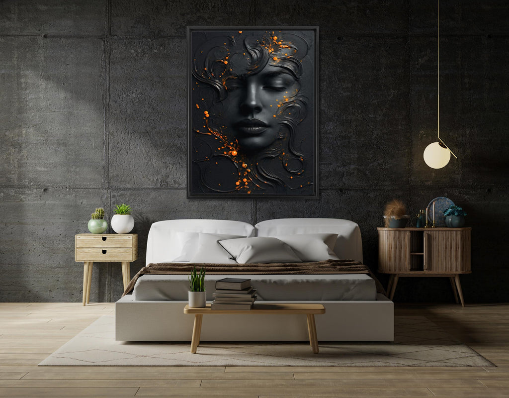 Abstract Black Face Canvas Art: Modern Orange Accent Painting AffinityArts