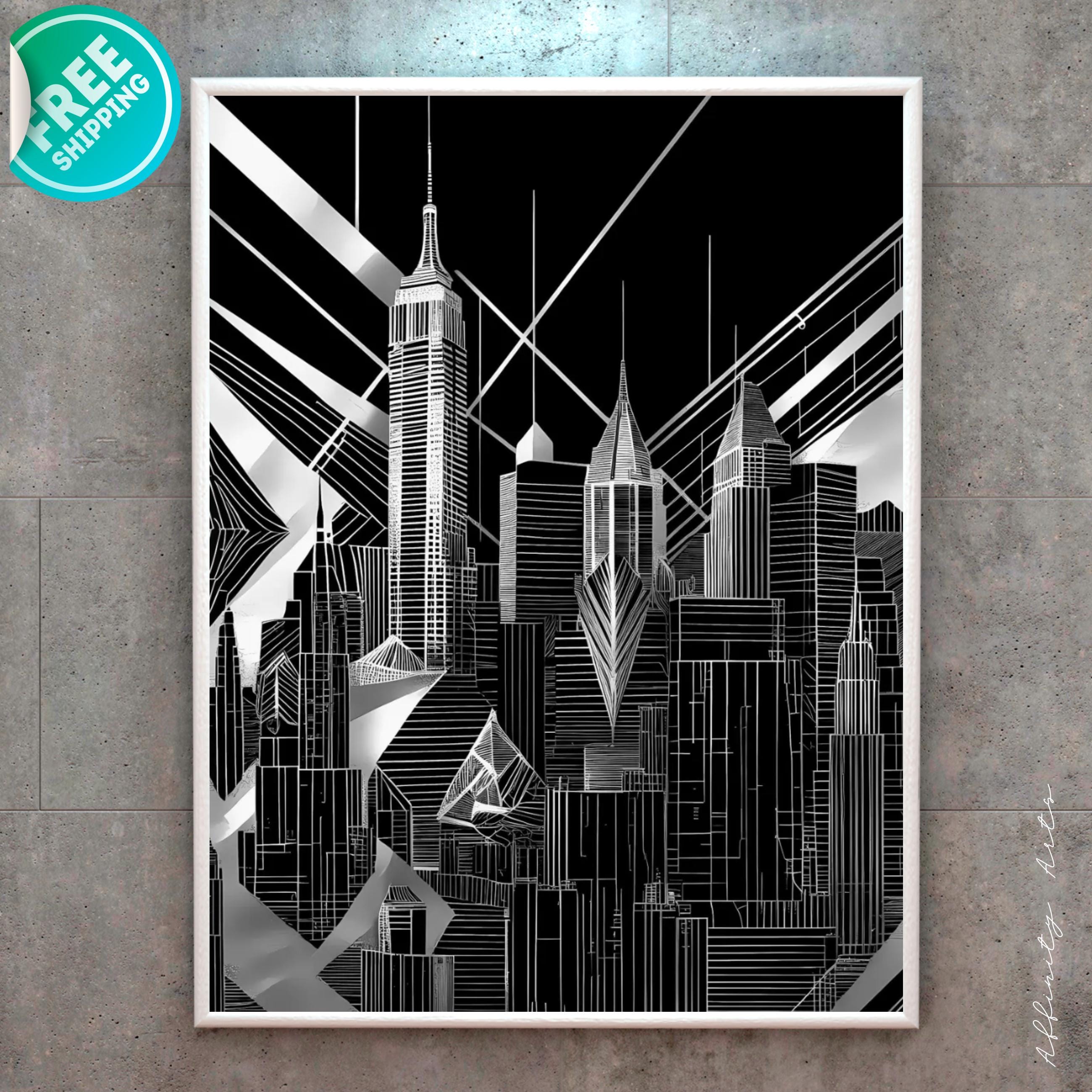 Black and White Cityscape Canvas Wall Art – Modern Abstract Urban Skyline Print
