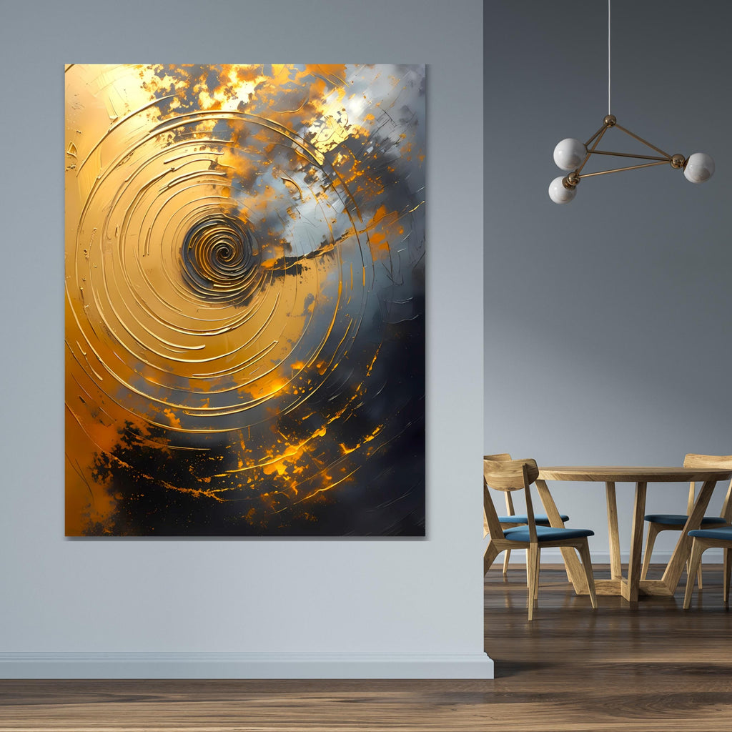 Ethereal spiral galaxy rendered in molten gold and twilight grays, textured with bold brushstrokes.
