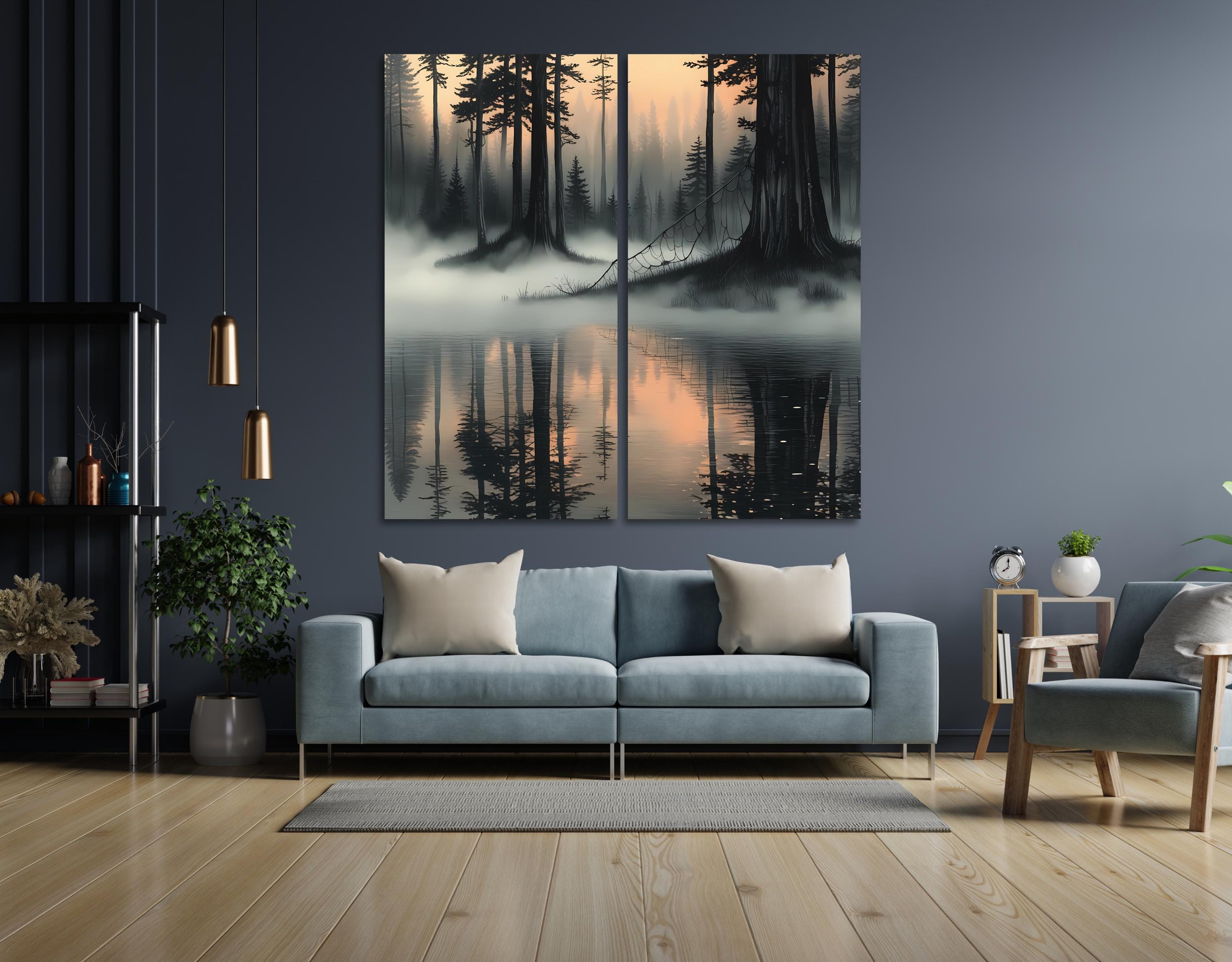 Canvas Wall Art Set – Misty Forest Lake Diptych Print, Foggy Pine Tree Landscape Posters AffinityArts