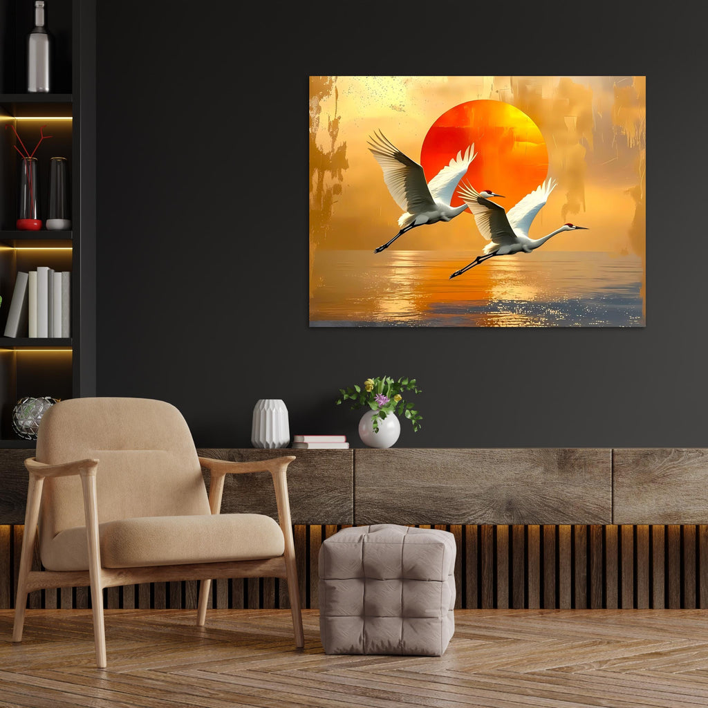 Crane Canvas Print: Japanese Sunset Bird Art, Zen Nature Decor AffinityArts