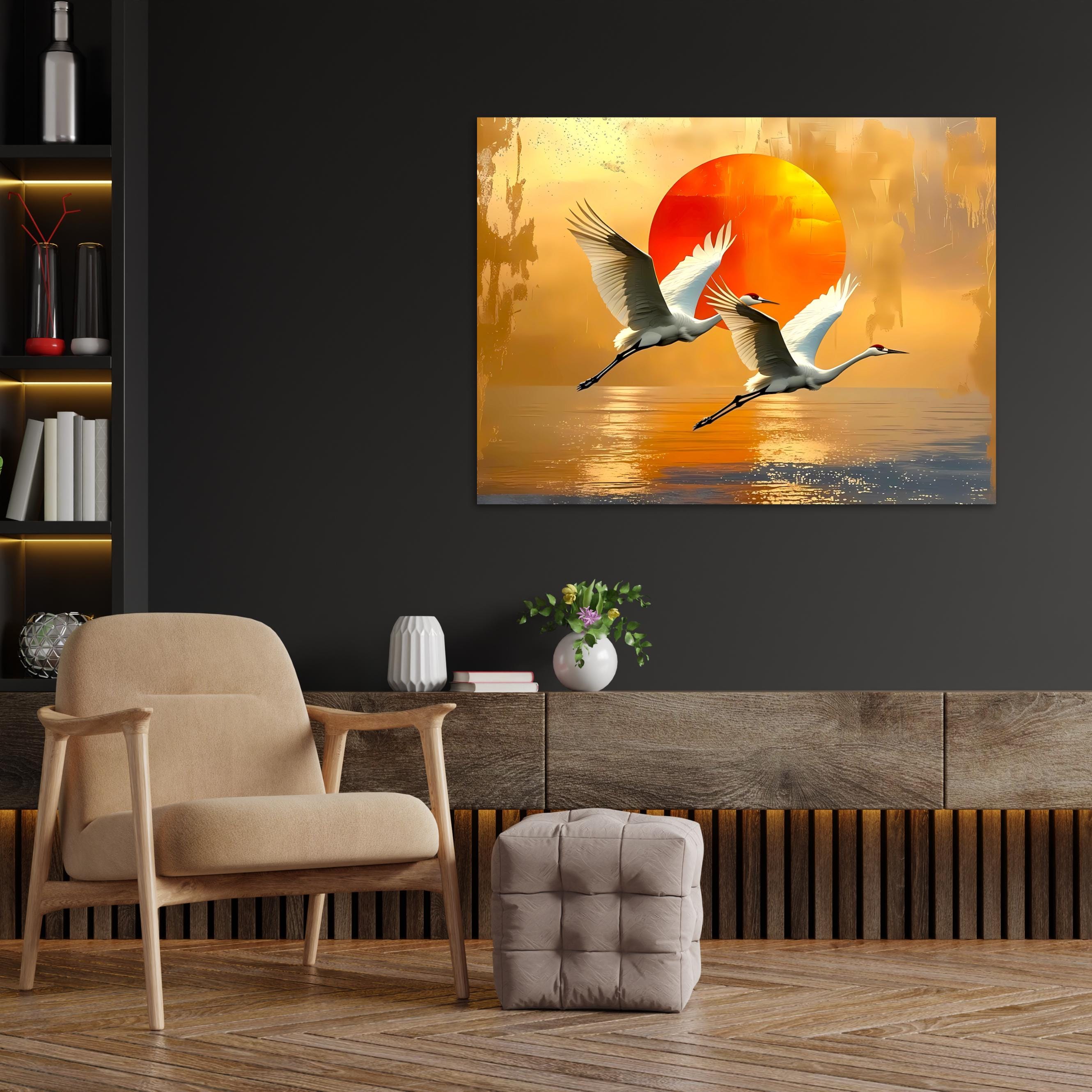 Crane Canvas Print: Japanese Sunset Bird Art, Zen Nature Decor AffinityArts