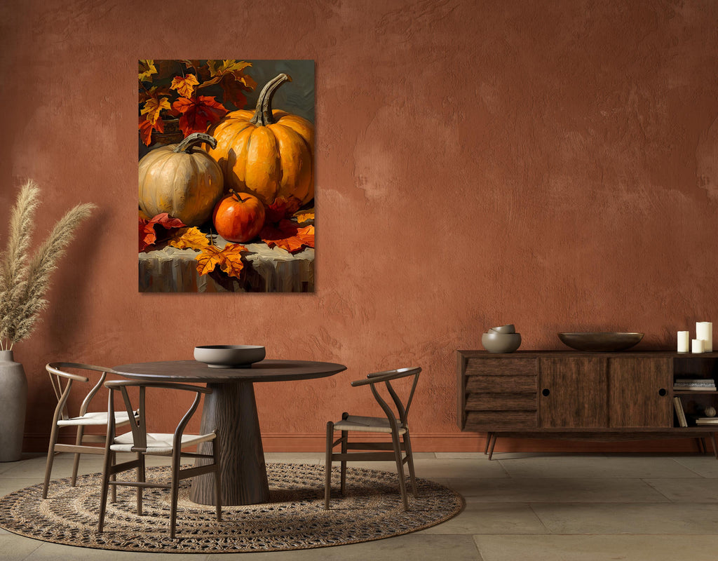 Cozy fall still life showing pumpkins and an apple surrounded by autumn leaves.