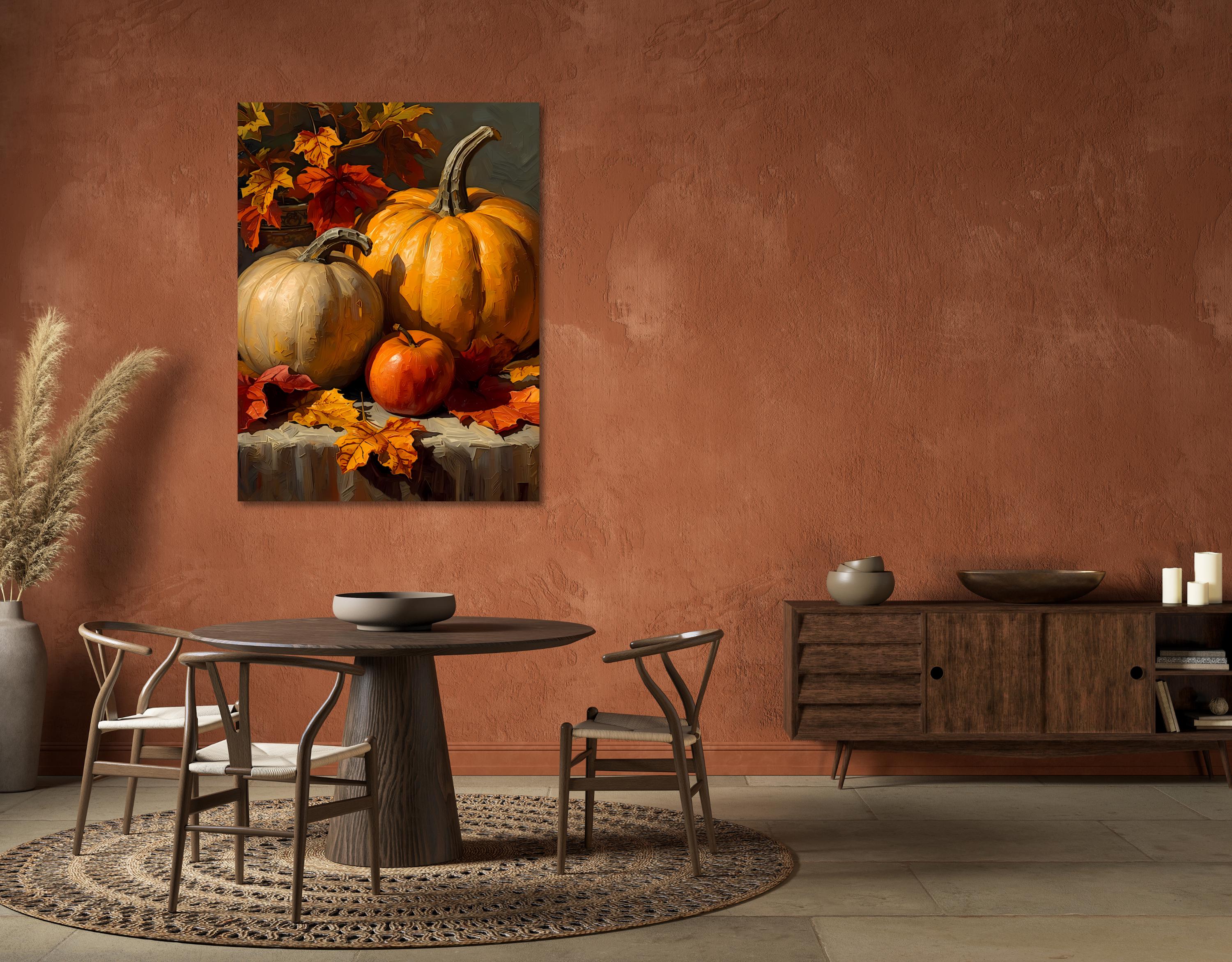 Cozy fall still life showing pumpkins and an apple surrounded by autumn leaves.