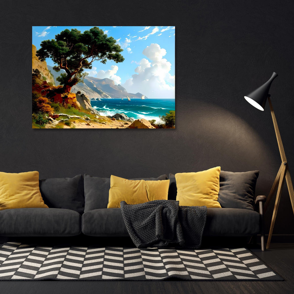 Coastal Landscape Canvas Print – Seascape Wall Art with Sailboats & Tree – Ocean Shoreline Decor AffinityArts