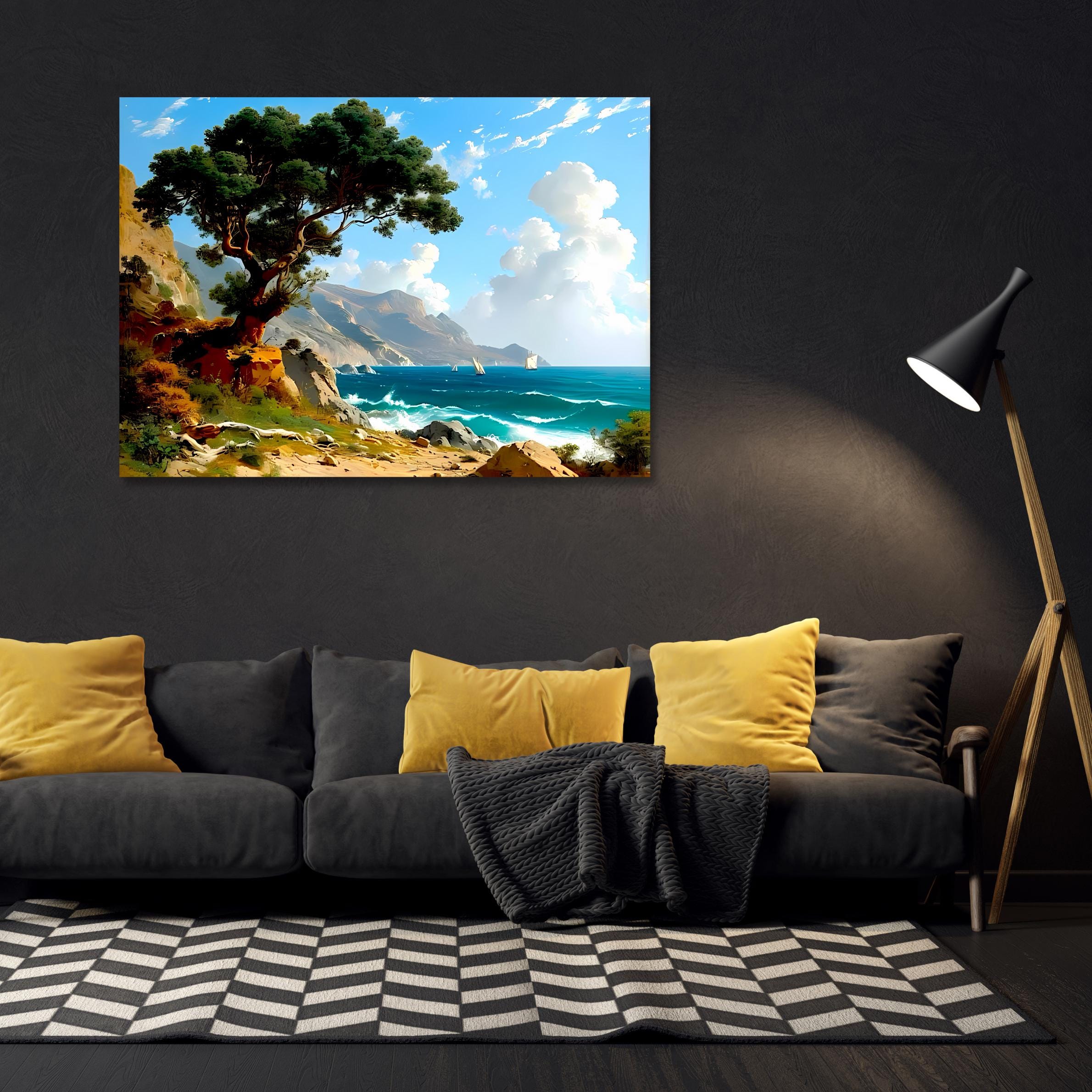 Coastal Landscape Canvas Print – Seascape Wall Art with Sailboats & Tree – Ocean Shoreline Decor AffinityArts