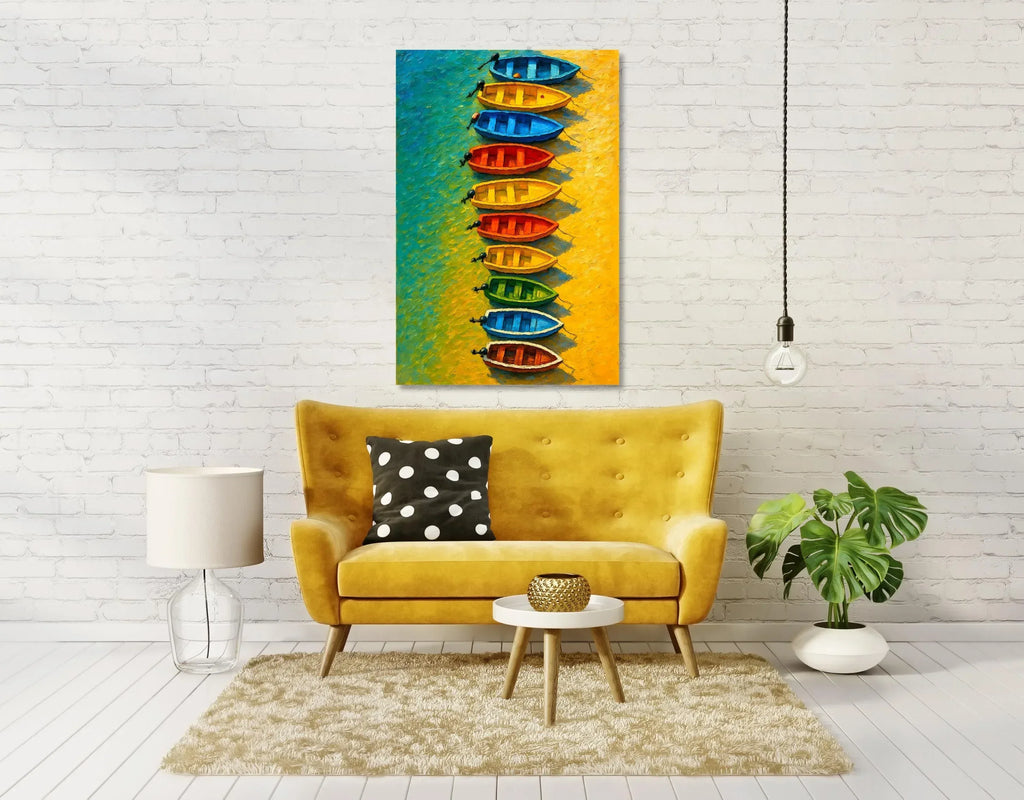 Seaside Row Boats Art Print: Vibrant Coastal Painting on Canvas - AffinityArts 