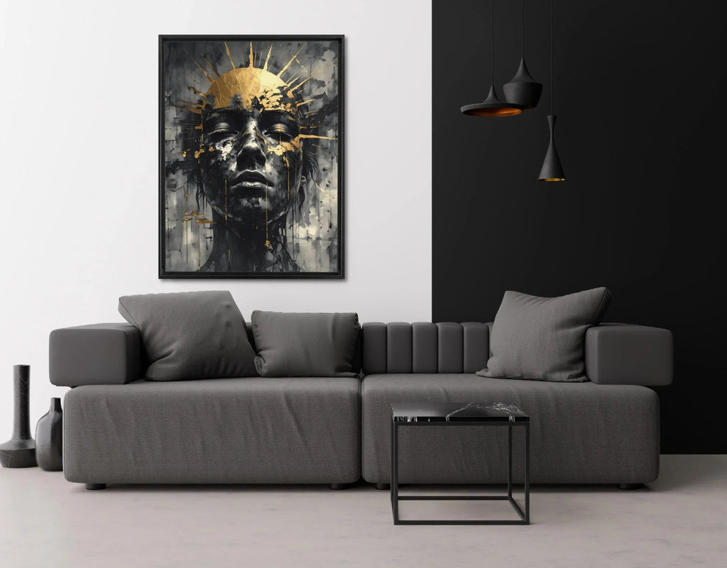 Canvas Wall Art – Abstract Golden Crown Portrait | Luxury Floating Frame Painting - AffinityArts 