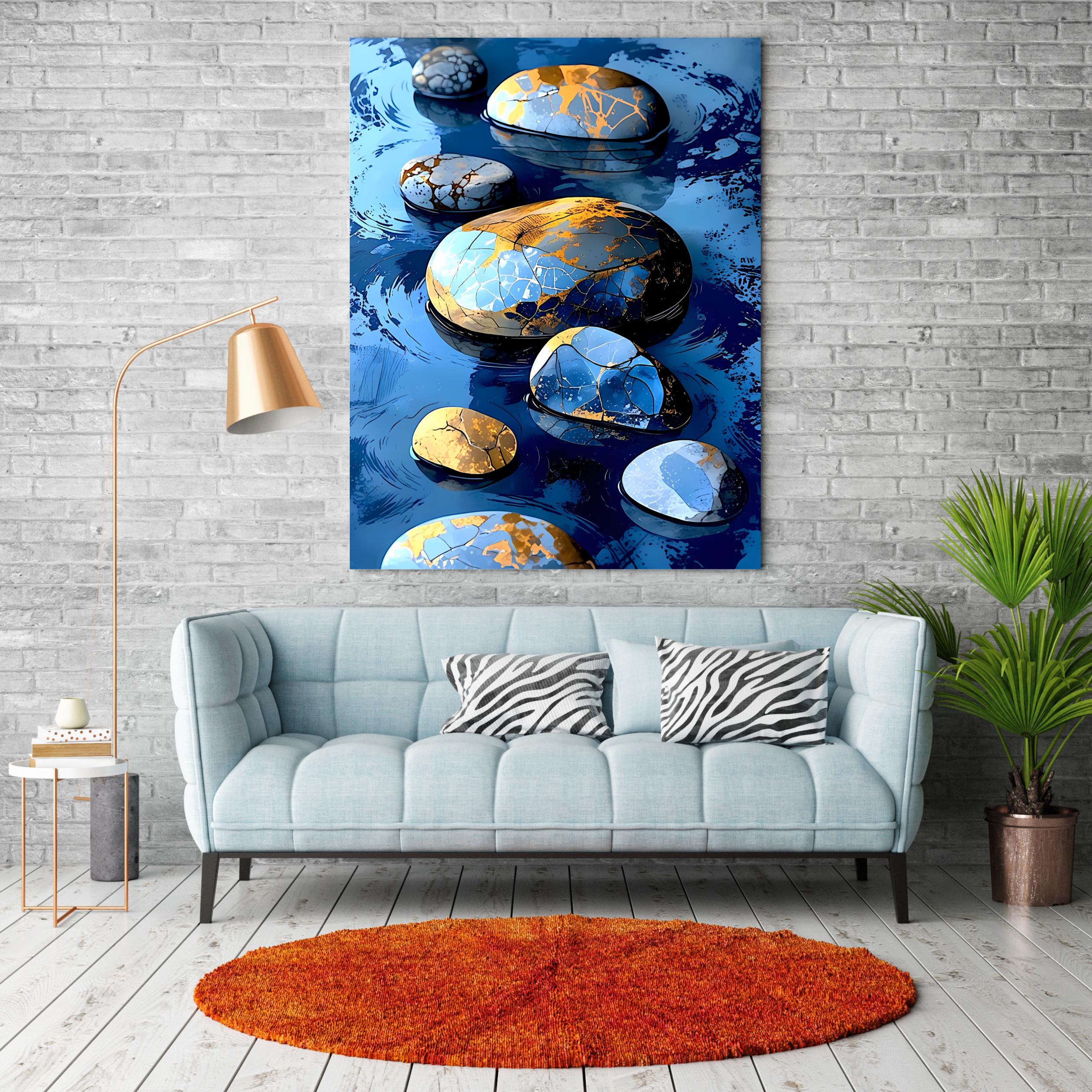 Luxurious blue stones repaired in the kintsugi style with gleaming gold, floating in calm deep blue water