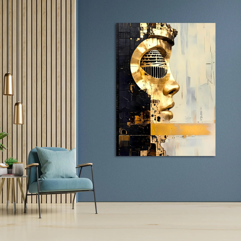 Modern Abstract Wall Art – Futuristic Golden Face Canvas, Cyberpunk Metal Texture Portrait Print - AffinityArts 
