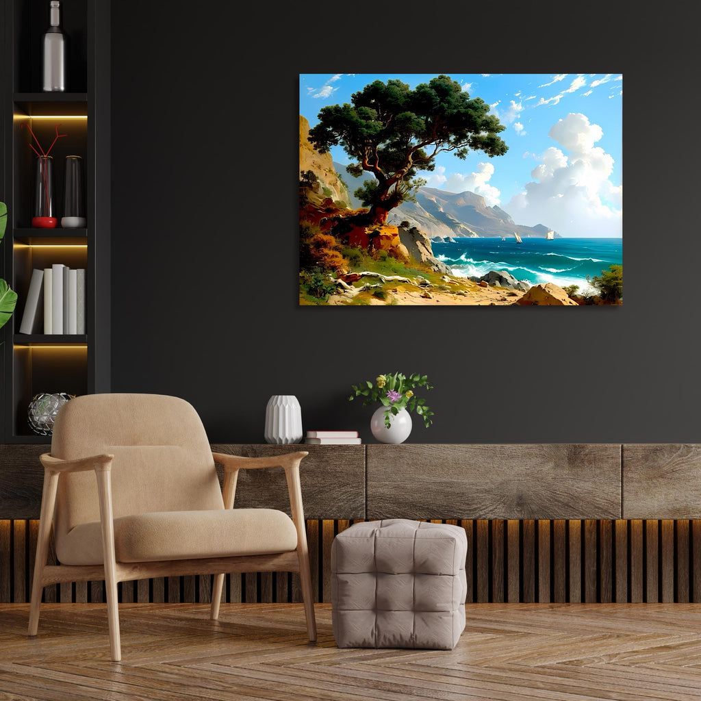Coastal Landscape Canvas Print – Seascape Wall Art with Sailboats & Tree – Ocean Shoreline Decor AffinityArts