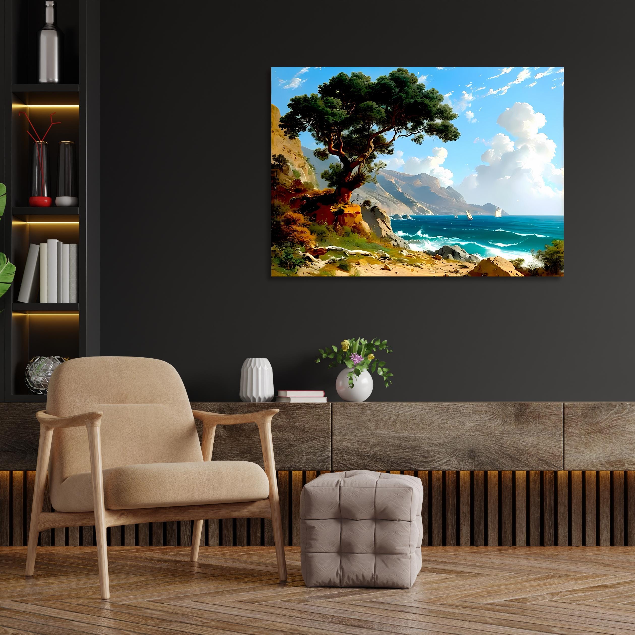 Coastal Landscape Canvas Print – Seascape Wall Art with Sailboats & Tree – Ocean Shoreline Decor AffinityArts