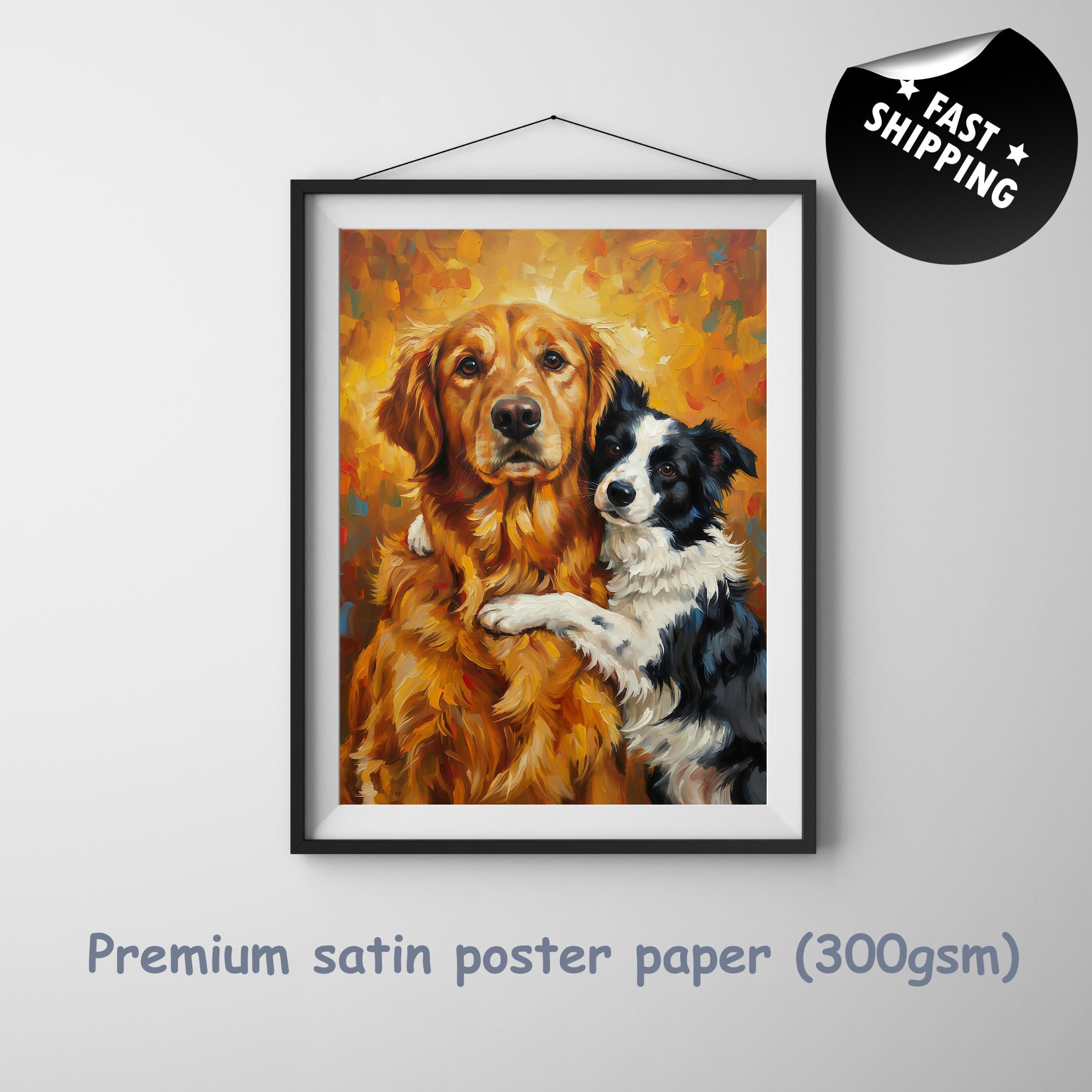 Heartwarming dog duo: Golden retriever wraps paw around border collie in sunny abstract backdrop.