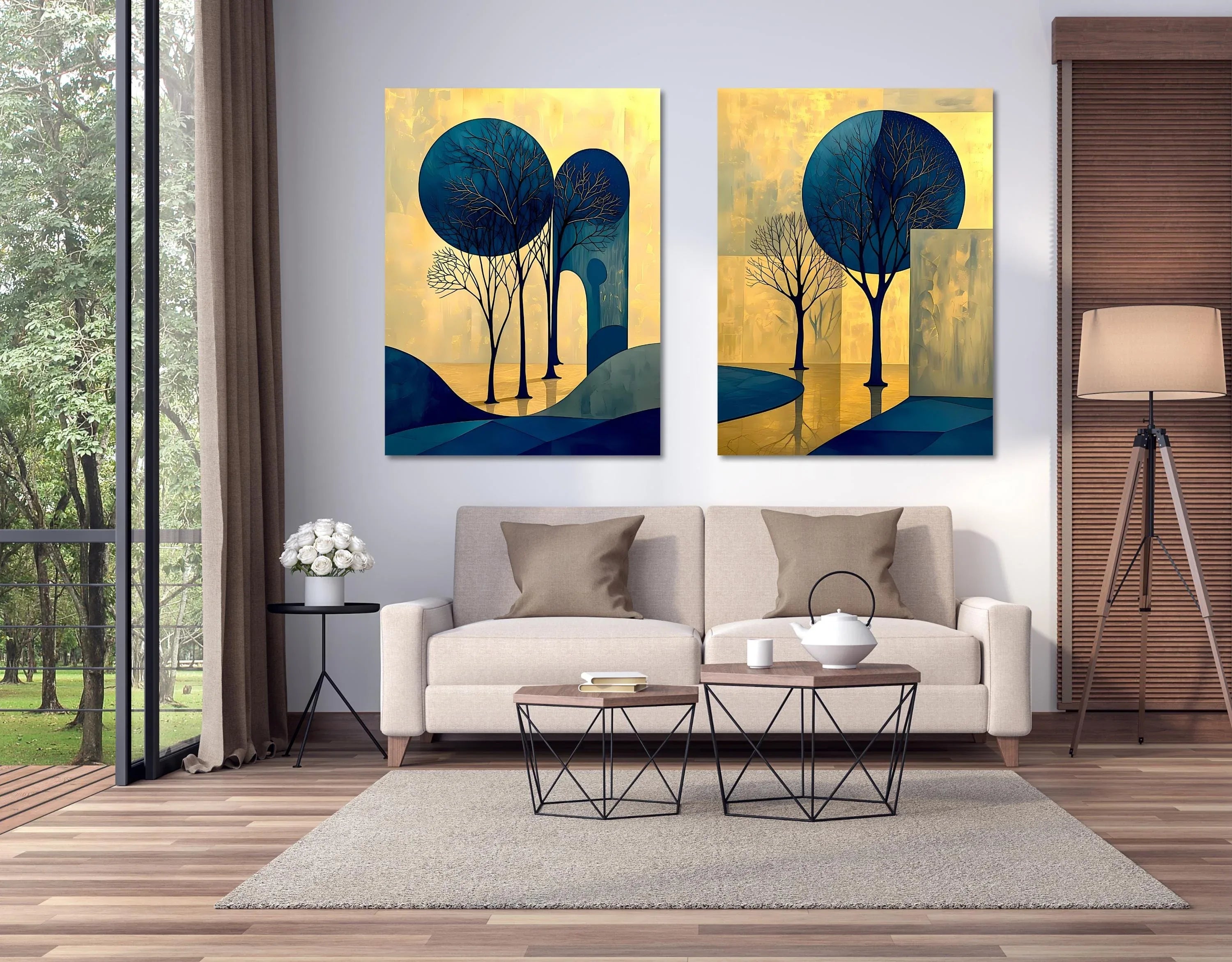 Abstract Tree Art Set: Blue and Gold Landscape Canvas or Poster - AffinityArts 