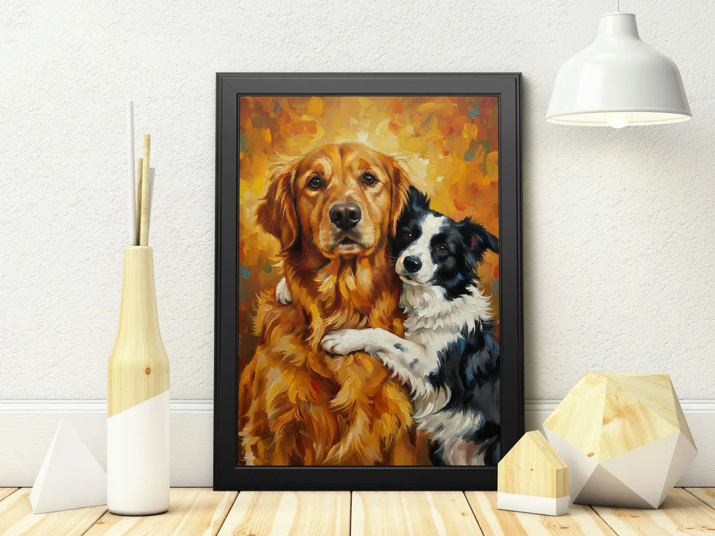 Dog Friendship Art Print | Golden Retriever & Border Collie Hug | Satin Paper Poster - AffinityArts 