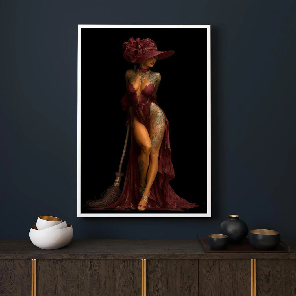 Elegant Witch Art Print | Burgundy Gown, Fantasy Wall Decor - AffinityArts 