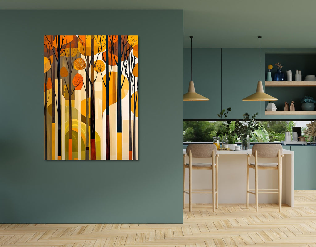 Artistic autumn forest with thin tree branches and rounded abstract leaves.