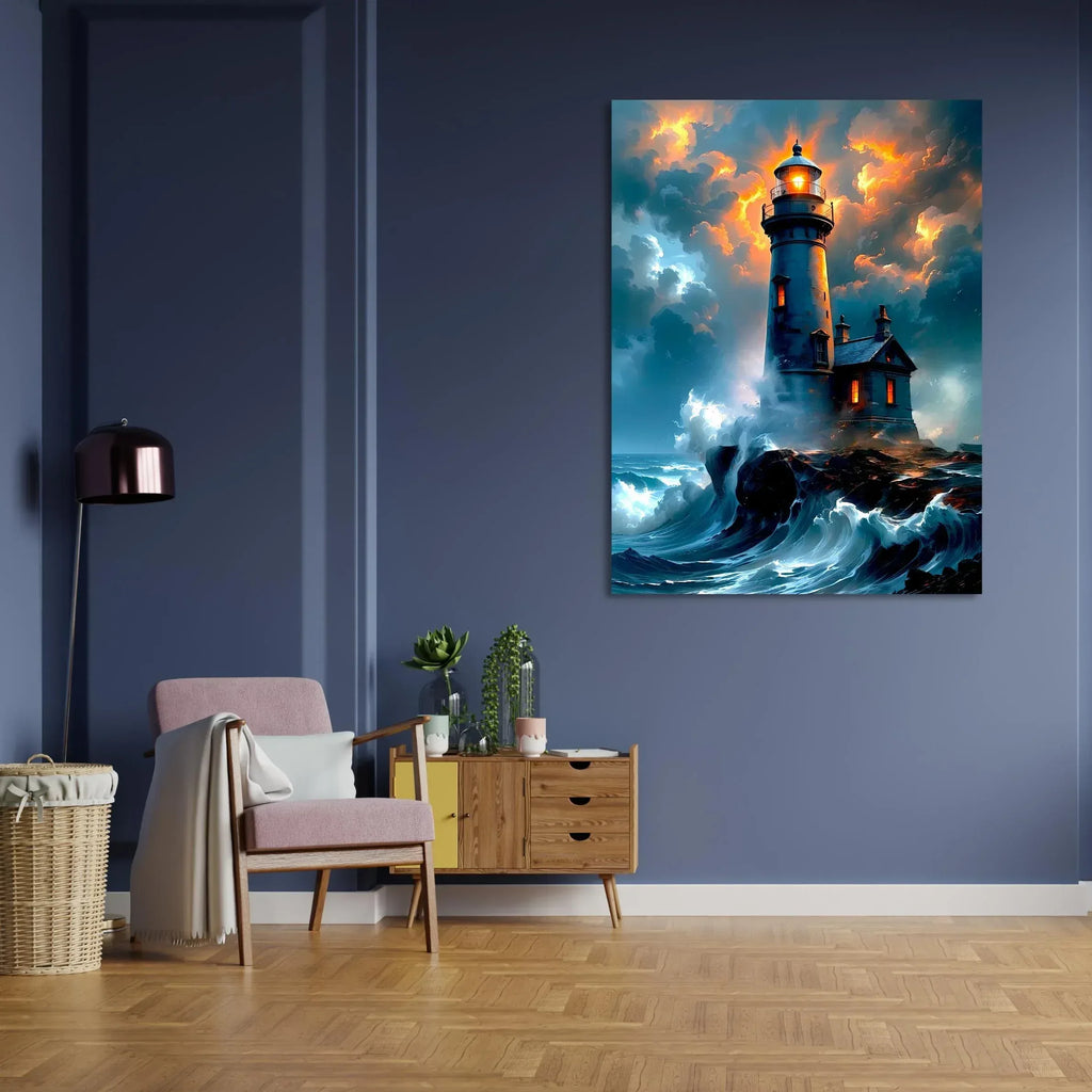 Lighthouse Canvas Wall Art – Stormy Ocean Painting with Dramatic Sky – Nautical Seascape Home Decor - AffinityArts 