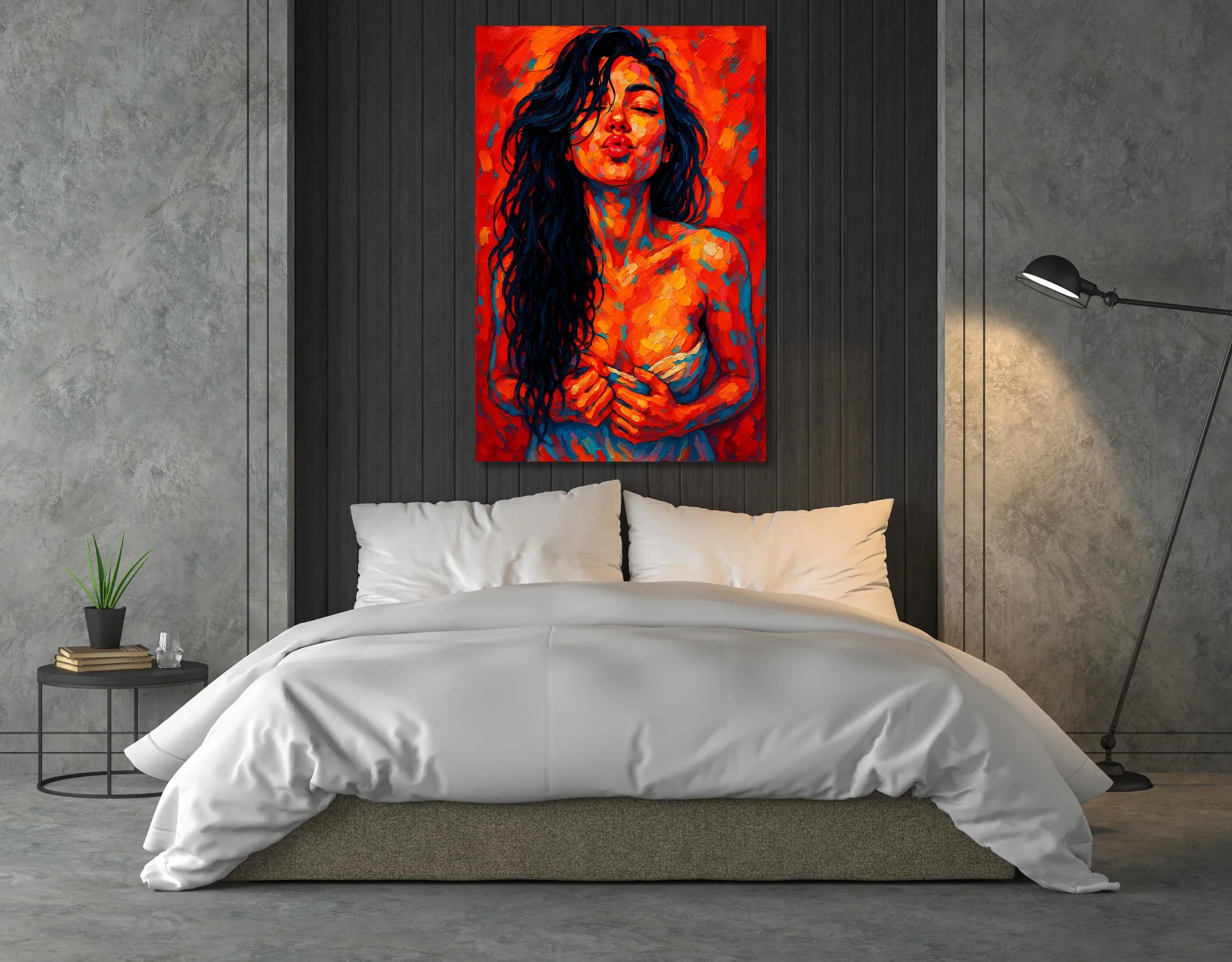 Abstract Kiss Portrait: Vibrant Expressionist Woman Art Print - AffinityArts 