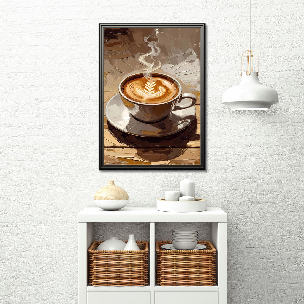 Artistic close-up of a cappuccino with creamy latte art and warm earthy tones in a textured background.